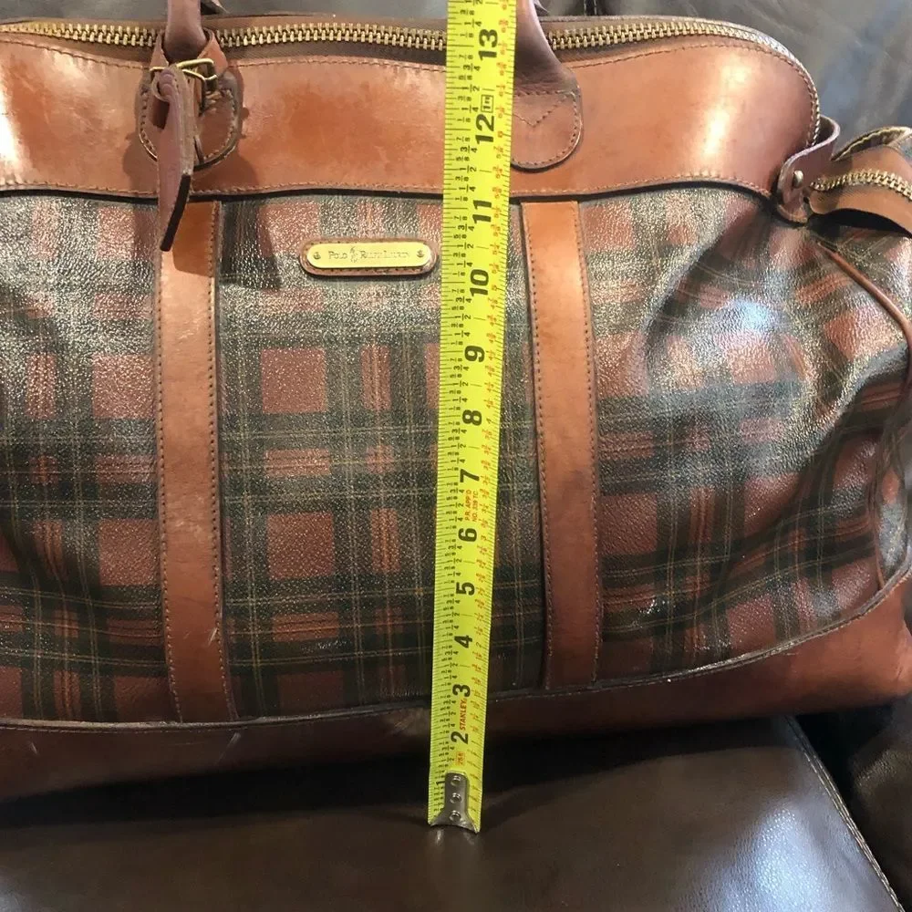 RALPH LAUREN Brown Green Top Handle Tartan Plaid Boston Duffle Travel Bag 55cm